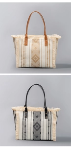 Close-up of bohemian woven tote bags with ethnic fringe details and geometric patterns