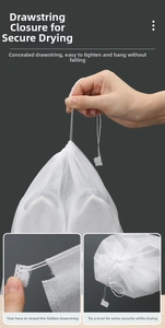 Macro detail of breathable mesh laundry shoe bag with secure drawstring closure system