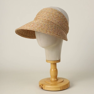 Detailed weave of Raffia sun visor with colorful fiber accents on a fabric mannequin