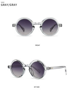 Front and 45-degree side view of round transparent gray sunglasses with gradient lenses