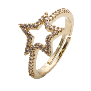 Adjustable gold plated copper ring with a star motif and micro-set cubic zirconia stones
