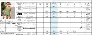 Size chart for pure cotton A-line strap dress showing detailed body measurements