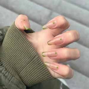 French Tip Press On Nails Grüne Punkte Lange Trapezform Künstliche Fingernägel Set Süß Einfach Abnehmbar