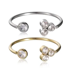 Anello Aperto Regolabile Minimalista Acciaio Al Titanio Placcato Oro 14K Zirconia Cubica Gioielli Donna