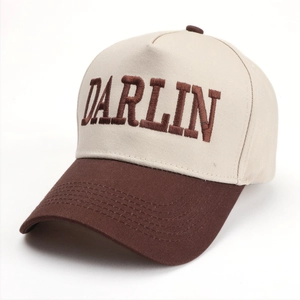 Close-up of the detailed DARLIN embroidery on the beige and brown cotton baseball cap