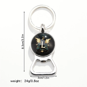 Detail view of silver metal keychain bottle opener with letter L and dimensions