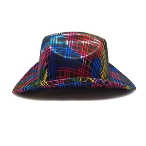 Close-up of rainbow plaid pattern on metallic finish western cowboy party hat