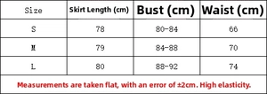 Detailed size chart for solid color strapless dress showing length, bust, and waist measurements