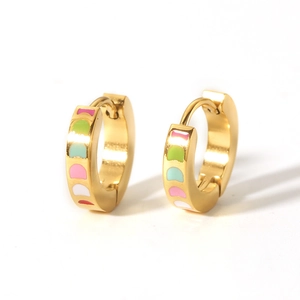 French retro 18K gold plated stainless steel hoop earrings with colorful enamel moon patterns