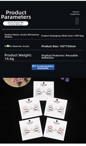 Detailed specs of acrylic face gems for masquerade with five colorful rhinestone patterns