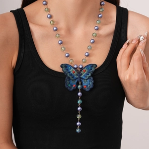 Retro Embroidered Butterfly Pendant Long Necklace With Glass Beads Imitation Artificial Pearls Rhinestones Tassel Sweater Chain