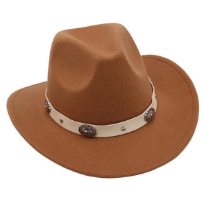Detail of vintage silver sunflower buckles on camel felt cowboy hat ribbon trim