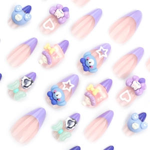 Cute purple French press-on nails set with 3D blue bear and pink bow decorations