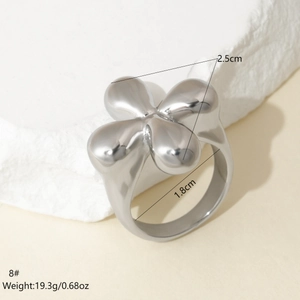 Detail view of a chunky silver titanium steel ring with size 8 and 19.3g weight specs
