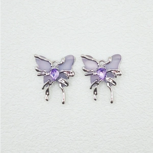 Elegant liquid purple butterfly earrings with silver metal frames and drop gemstones