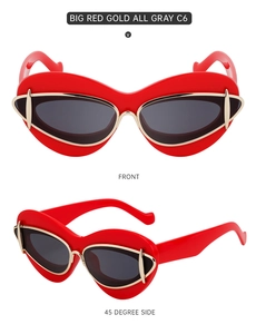 Front and 45-degree side views of C6 trendy cat-eye sunglasses in red and gold finish