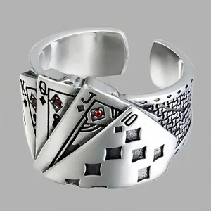 Royal Flush Poker Karten Ring Zinklegierung Straßstein Verstellbar Offen Vintage Distressed Retro Hip Hop Stil Für Damen Herren