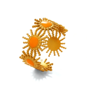 Minimalist golden stainless steel sun ring with orange enamel detail in 45-degree view