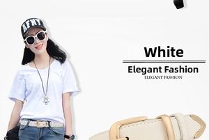 Detail of white PU leather belt with polished light gold alloy pin buckle for women