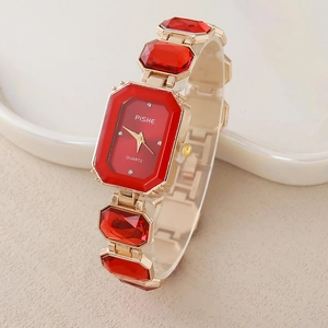 Elegant gold quartz watch with red rectangular crystals and matching deep red dial