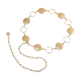 Adjustable golden metal waist chain with textured circular discs and lobster clasp