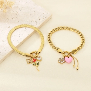 Golden heart flower charm bracelet set with red rose and clover pendants for women
