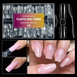 Macro detail of 120pcs plastic nail forms set with scale lines in a clear storage box