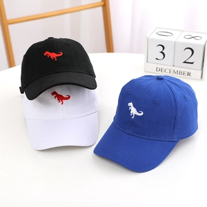 Detailed view of children's baseball caps featuring dinosaur embroidery in various colors
