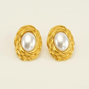 French vintage 18K gold-plated irregular twist stud earrings with large white pearls
