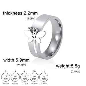 Stainless steel dragonfly charm ring with comprehensive size guide and measurements