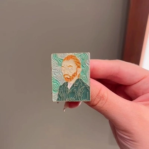 Artistic Van Gogh portrait enamel brooch with iconic swirling background in zinc alloy