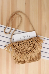 Close-up detail of stylish straw fringe flap crossbody bag, perfect for beach and casual daily.