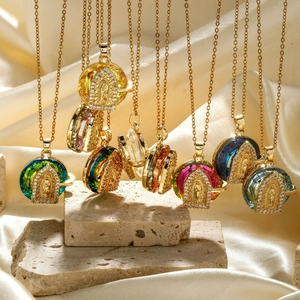 Stainless Steel Virgin Mary Pendant Necklace For Women Gold Plated Zirconia Inlaid Religious Portrait Colorful Jewelry