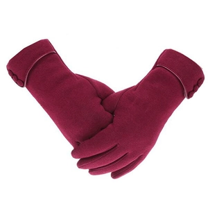 Detailed view of wine red winter thermal fleece gloves with decorative wrist buttons