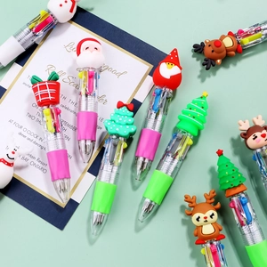 Christmas themed cartoon retractable multi-color ballpoint pens with Santa and reindeer tops