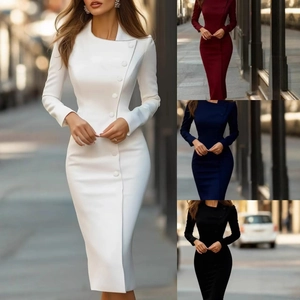 Elegante Midi Jurk Voor Dames Asymmetrische Knoopsluiting Lange Mouwen Slim Fit Polyester Kantoor Commuter OL Stijl