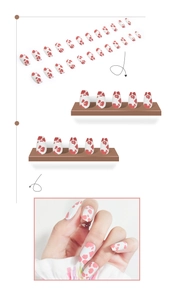 Detailed view of pink cow print coffin press-on nails with mixed pattern design