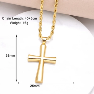 Close-up of 18k gold plated cross pendant with thick rope chain on a white stand
