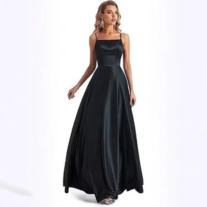 Elegant black satin evening gown with adjustable straps and side slit for formal events