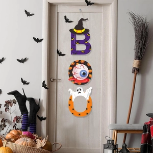 Three-piece hanging Halloween BOO sign with wizard hat and ghost for porch door decor
