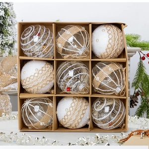 Set of 9 rustic Christmas balls with lace and burlap in a craft gift box display