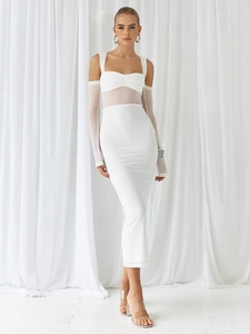 Robe moulante blanche en mesh avec manches amovibles pour soirée et style sexy
