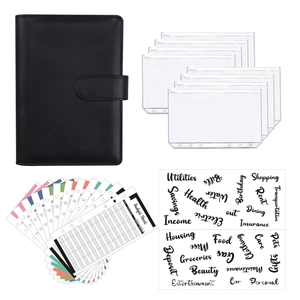 A6 black PU leather budget binder set with PVC zipper envelopes and colorful budget sheets