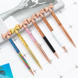 Creative Metal Ballpoint Pen With Bowknot Top Quicksand Oil Glitter Sequins Floating Stationery Gift For Women Girls