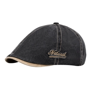Vintage washed denim newsboy cap in black with khaki brim and Natural embroidery
