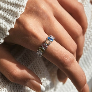S925 sterling silver ring with colorful oval-cut cubic zirconia gemstones for women