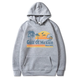 Light gray Gulf of Mexico beach vintage graphic hoodie with drawstring hood for men