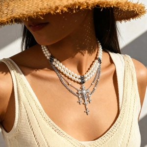 Vintage double layer sweater necklace with faux pearls and rhinestone cross pendants