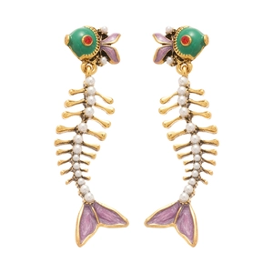 Fashionable fishbone earrings with green enamel and white pearls on gold-toned alloy base