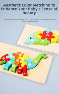 Macro detail of high-quality wooden dinosaur and fish puzzles with numbered pieces